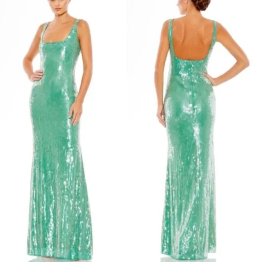 MAC DUGGAL SEQUINED SLEEVELESS JADE GREEN COLUMN GOWN sz 16